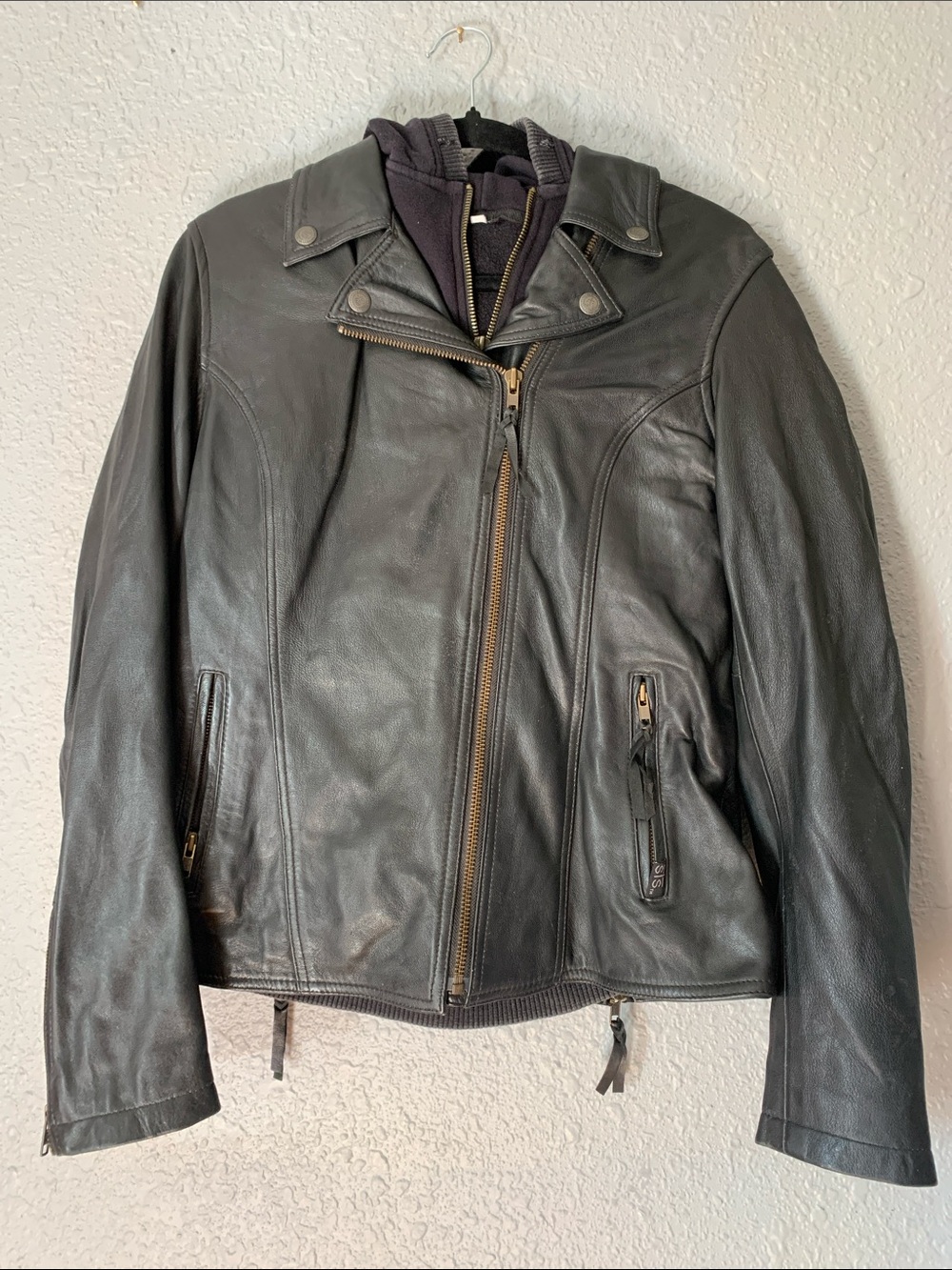 Ladies STS Ranchwear Black Leather Moto Jacket - Classic Biker with sweatshirt